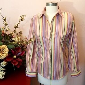 Foxcroft Multicolored Striped Button Down Collared Shirt Women's Plus Size 16
